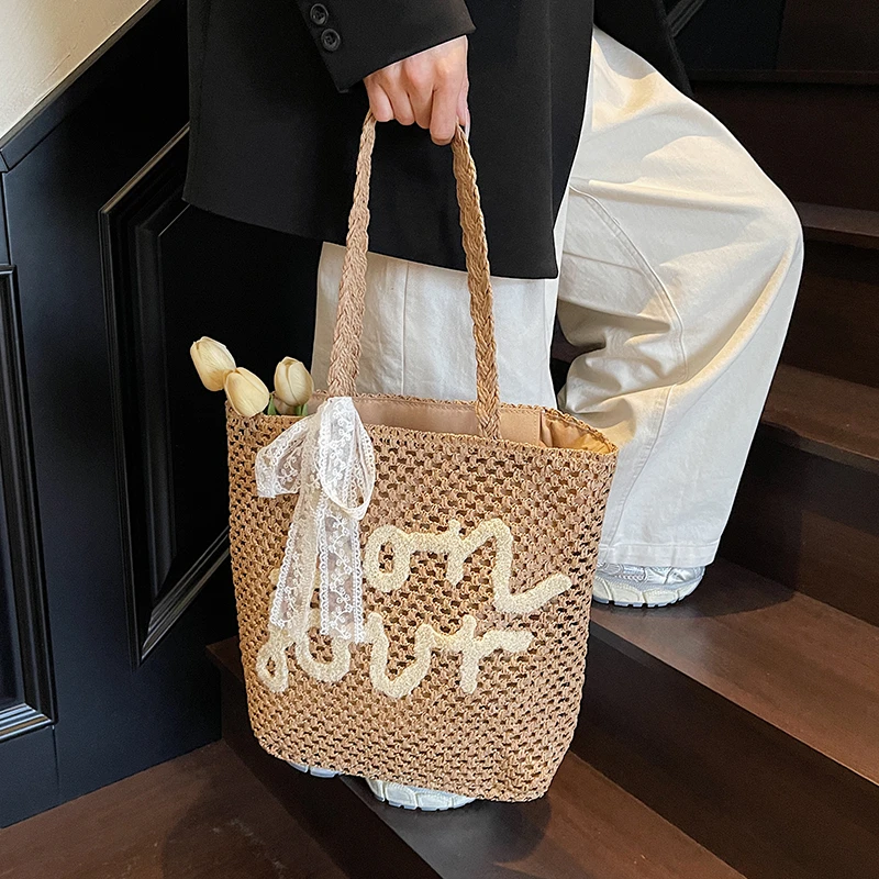 海边度假沙滩草编包包女2025新款夏季大容量单肩包编织托特水桶包