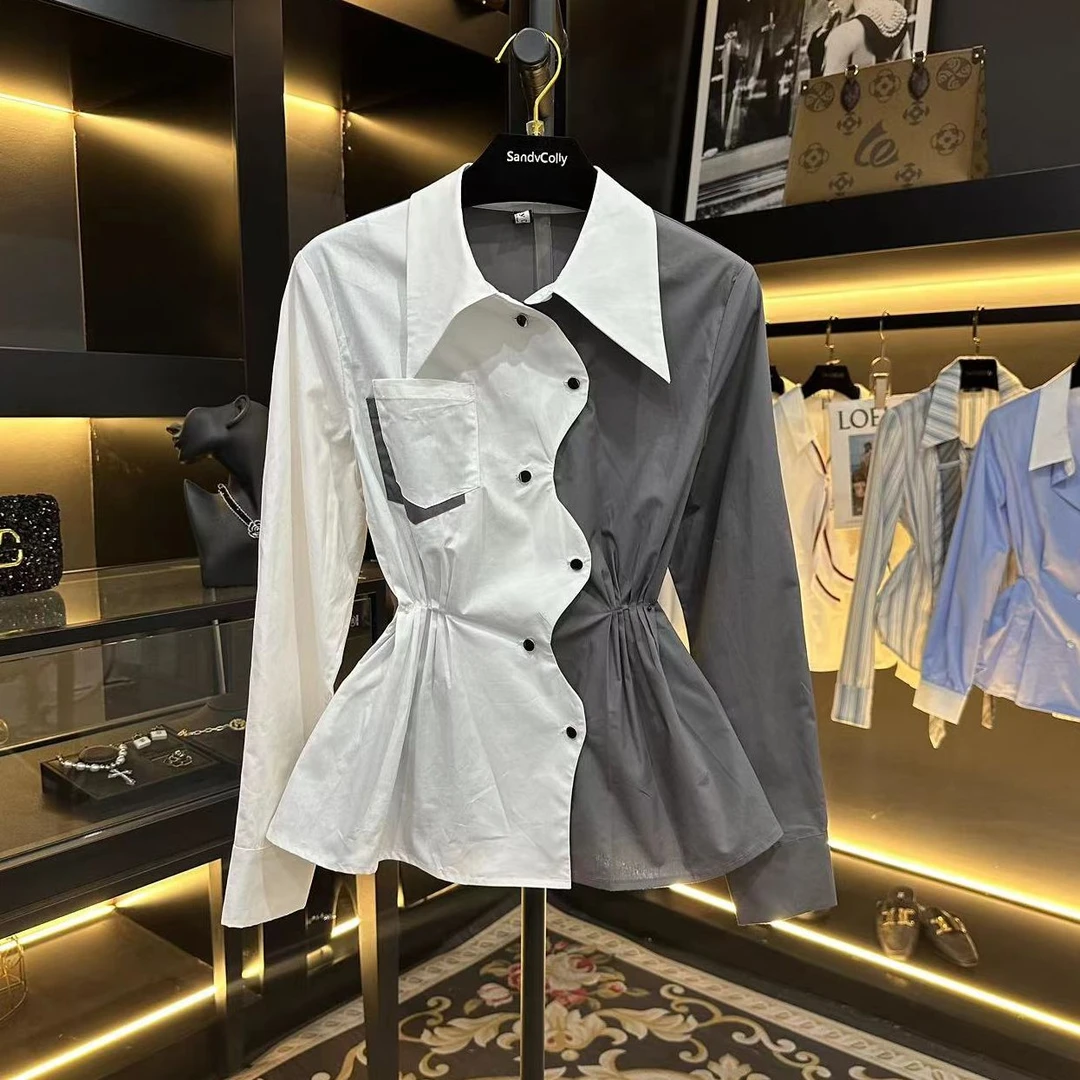 【2025春款】小香风拼色百搭时尚设计感长袖衬衫1988