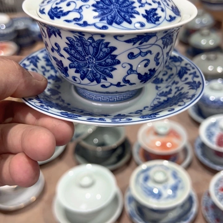 瓷片白青花缠枝莲元宝盖碗全品