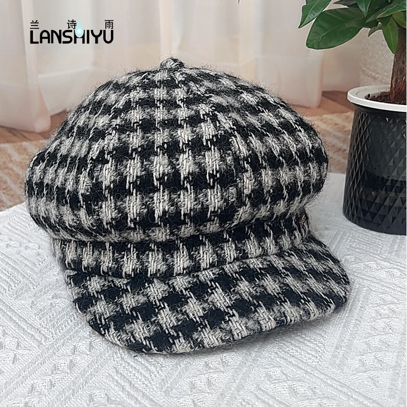 兰诗雨千鸟格复古八角帽女帽子大头围显脸小八角帽报童帽小香风
