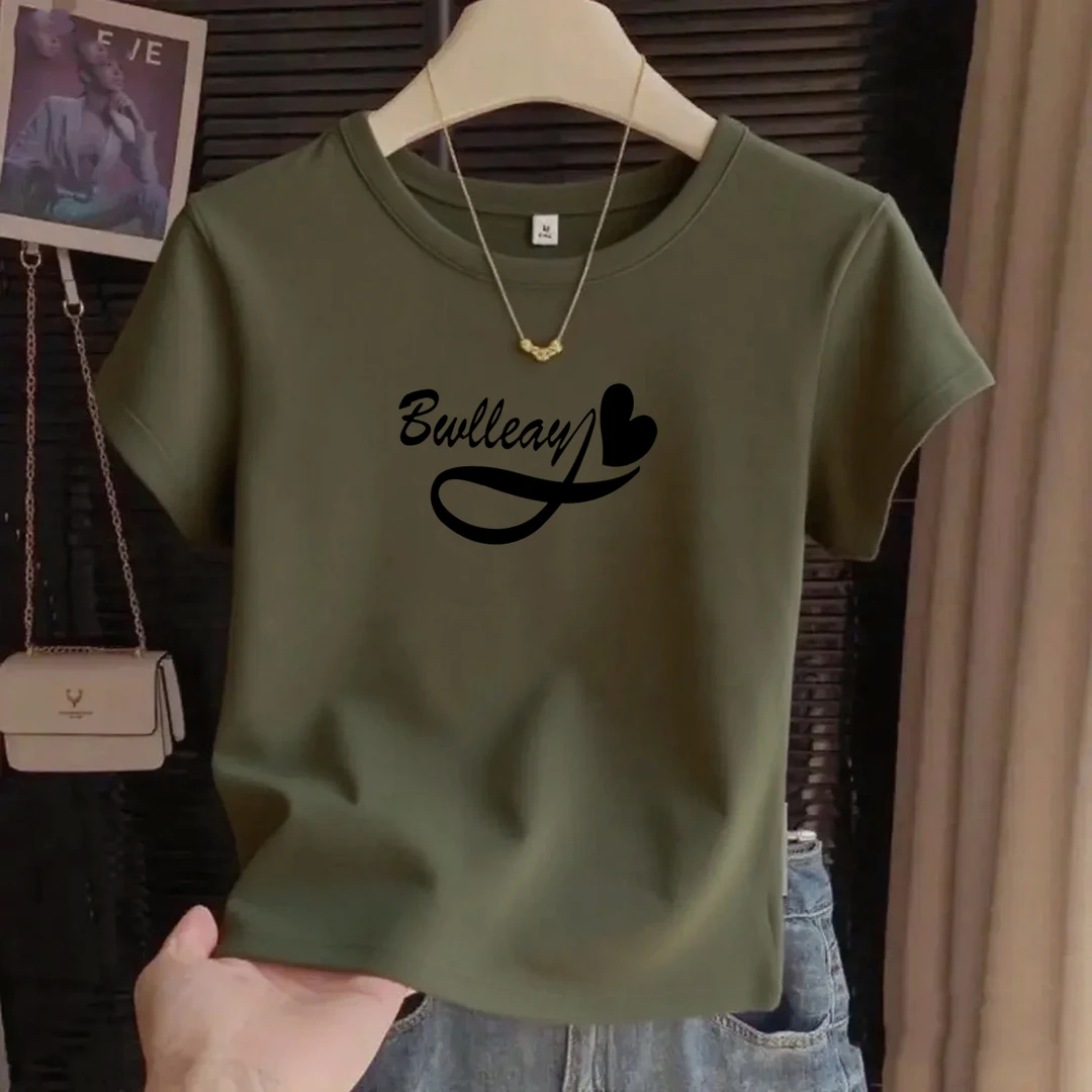 军绿色纯欲慵懒风韩系显瘦上衣洋气衣服女短袖t恤女圆领体恤复古