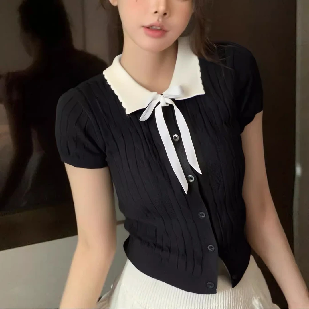 甜辣翻领蝴蝶结短袖针织衫女2025夏季新款短款修身短袖上衣娃娃领