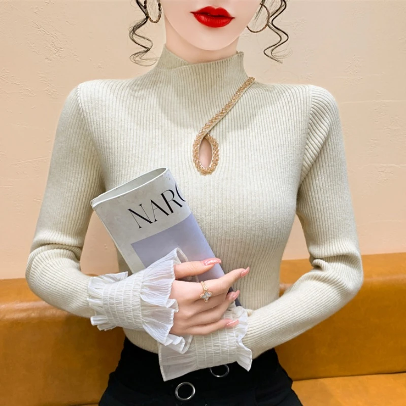 实拍 重工钉钻新款极简风半高领针织衫女修身显瘦镂空毛衣打底衫