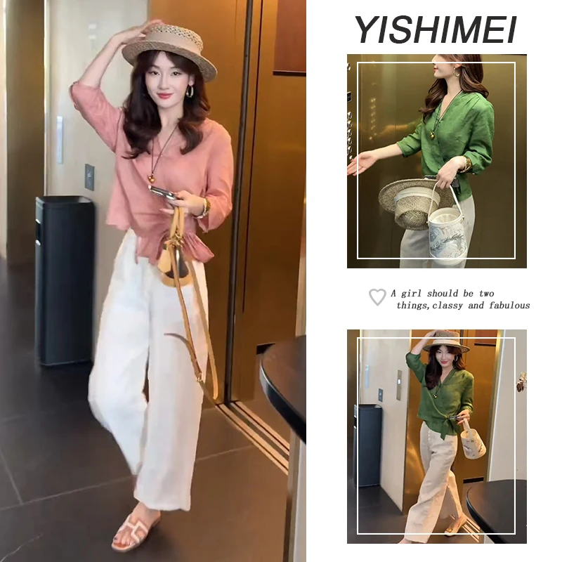 入秋时尚穿搭2025年新款韩系v领不规则系带上衣休闲裤两件套装