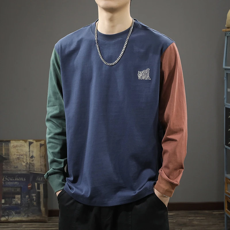 JJ美式复古撞色拼接男士长袖t恤秋季款纯棉圆领休闲上衣薄款卫衣