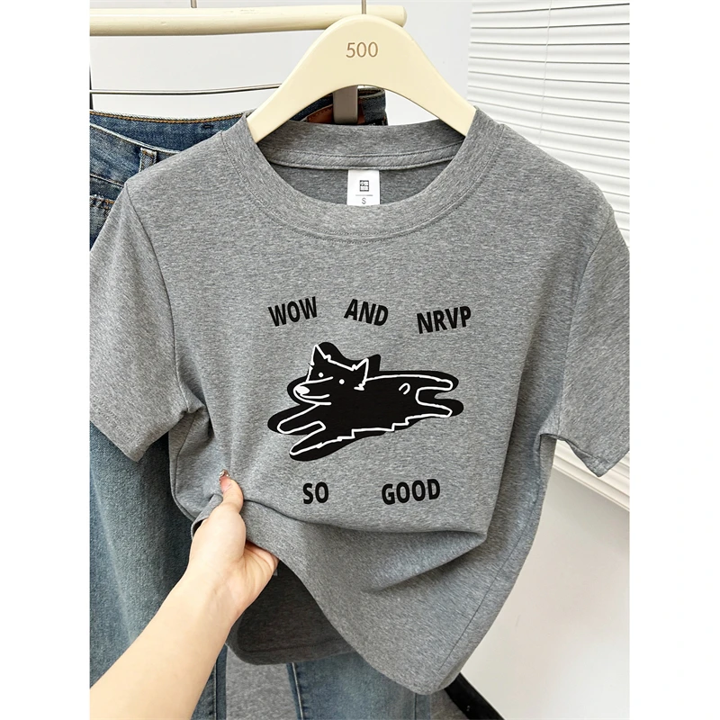 大码胖mm正肩短袖t恤女夏季新款时尚设计感小狗印花圆领半袖上衣