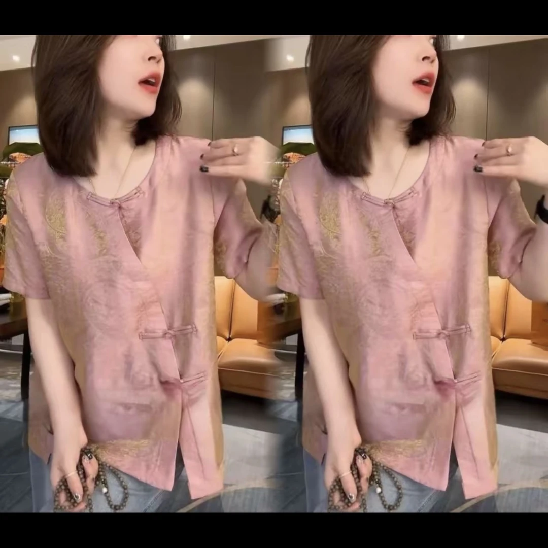 中国风短袖唐装百搭时尚T恤常规V领显瘦新中式常规款气质网红5179