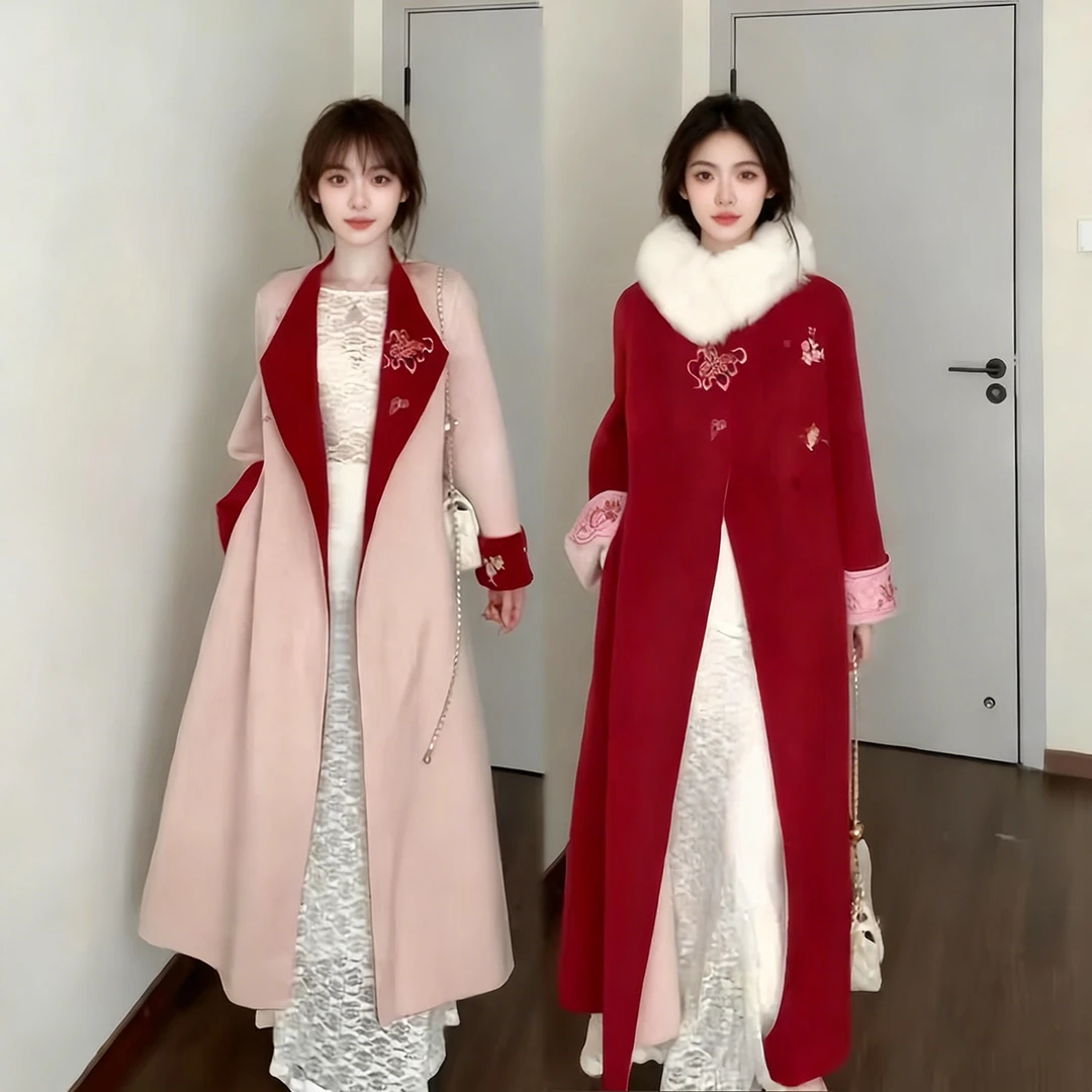 新中式重工刺绣双面穿长款毛呢外套女深冬独特超好看宽松呢子大衣