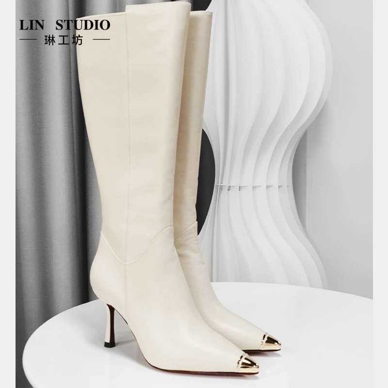 【微瑕疵7折 不退换】琳工坊翠雪米白色长靴春秋冬时尚唐琳设计师