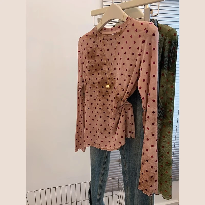 法式复古波点印花圆领长袖t恤女2025秋季新款洋气显瘦别致上衣