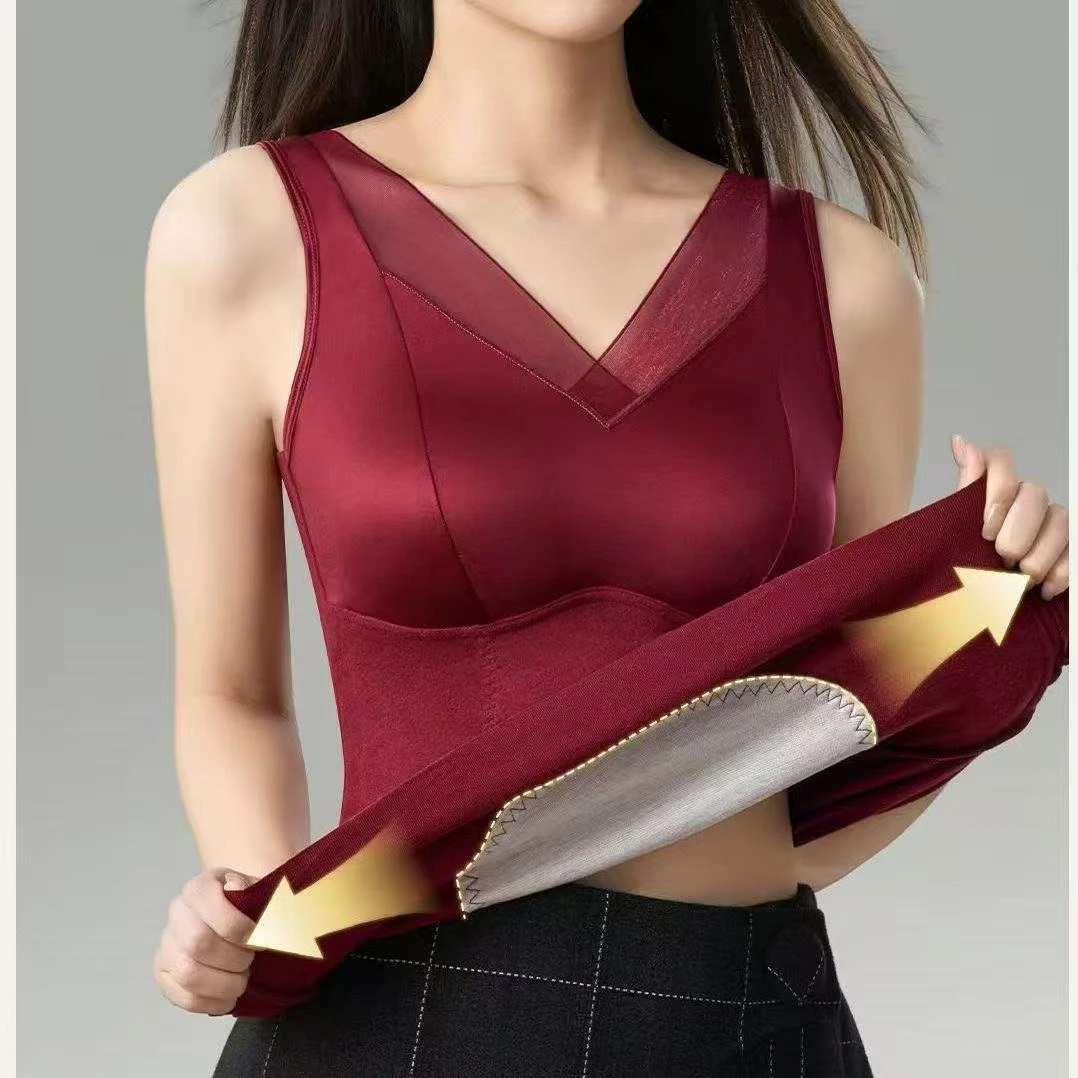 3512光感缎面德绒拼接蕾丝无痕一体杯背心保暖通勤美背打底