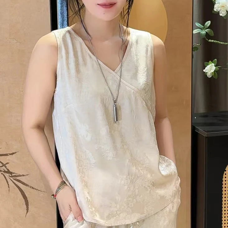 重缎真丝提花百搭交叉背心