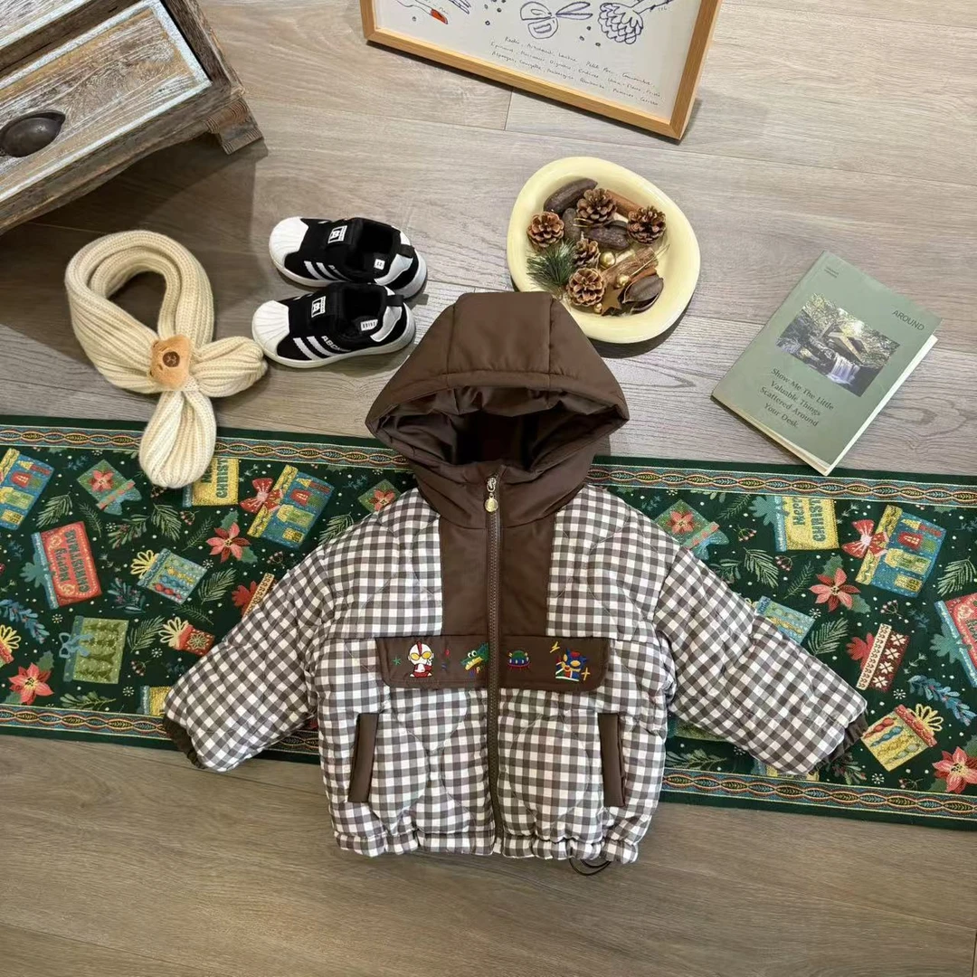 儿童冬季刺绣奥凸曼拼接格子加棉加厚外套H1839