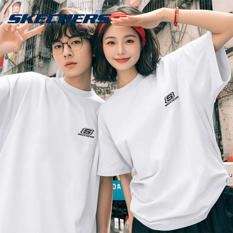 斯凯奇圆领纯棉短袖男女同款透气吸汗夏季时尚休闲宽松情侣装T恤