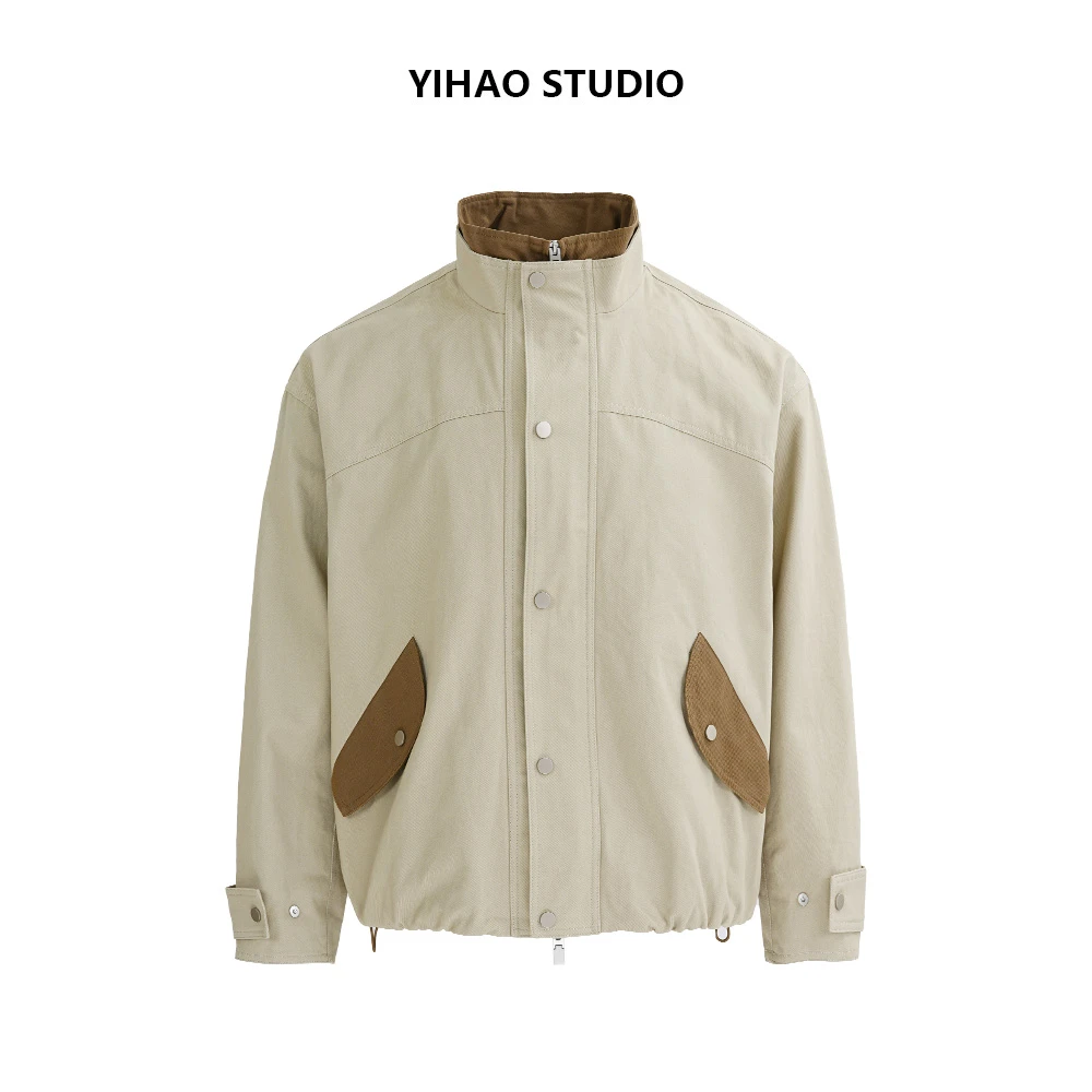 YIHAO STUDIO秋季男款高级拼色休闲夹克时尚宽松复古质感外套