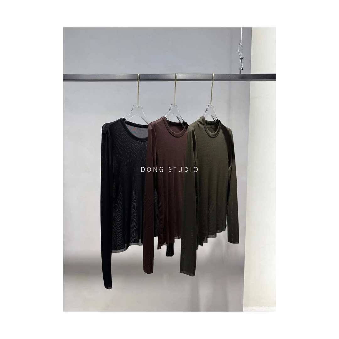 绿色一件捡漏*极简修身清透网纱T恤I6381