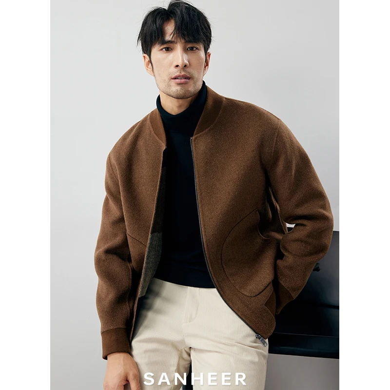 SANHEER 色织内里格纹羊毛双面呢男士棒球领毛呢外套DAF192