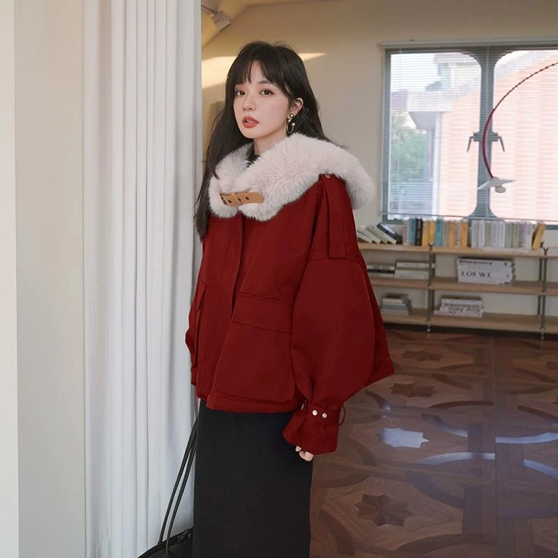 本命年红色工装派克棉服女冬季2024新款超好看小个子加绒棉衣棉袄