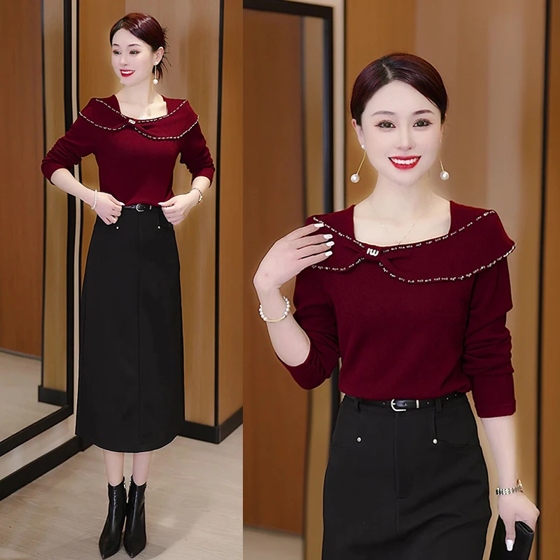 春季蝴蝶结手工钉珠宽松显瘦上衣时尚洋气设计感百搭长袖小衫女