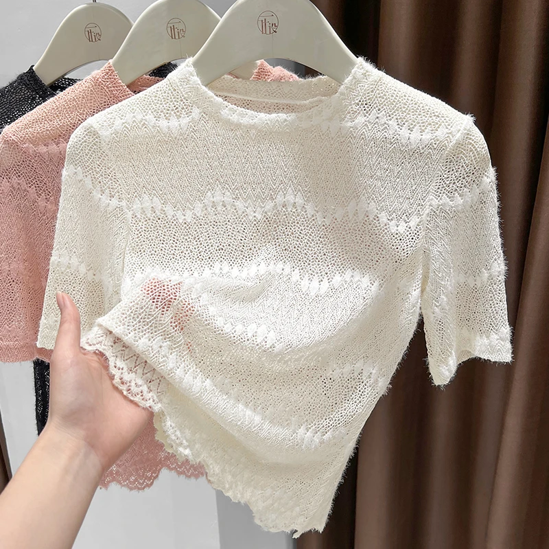 2025春季镂空女士圆领短袖打底衫上衣爆款T恤短款磨毛内搭蕾丝衫