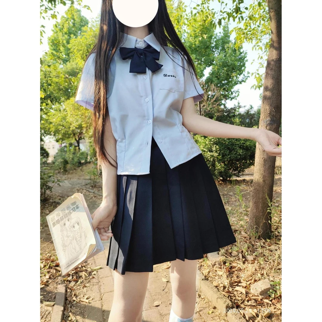 爆款原创jk衬衫蓝色上衣韩式学院风夏季刺绣短袖修身收腰衬衣套装