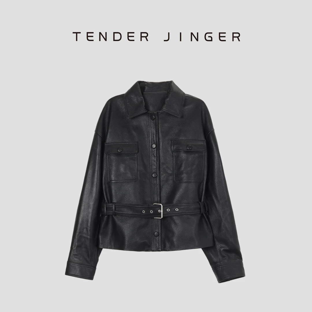 Tender Jinger【黑标】简约衬衫式翻领皮衣夹克T51BPM80068