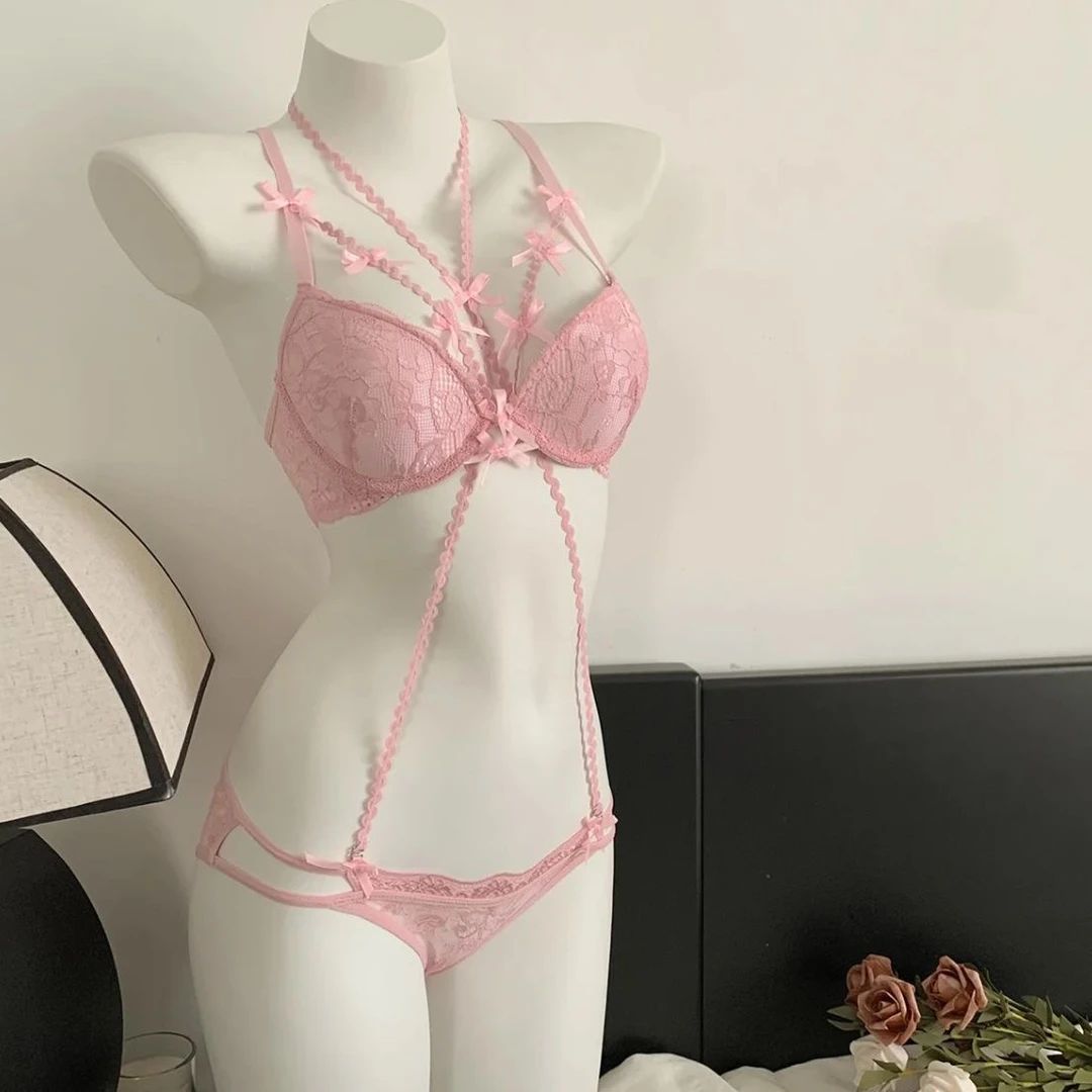 粉红调调~魔法显大内搭有钢圈聚拢花朵内衣挂脖内裤少女套装文胸