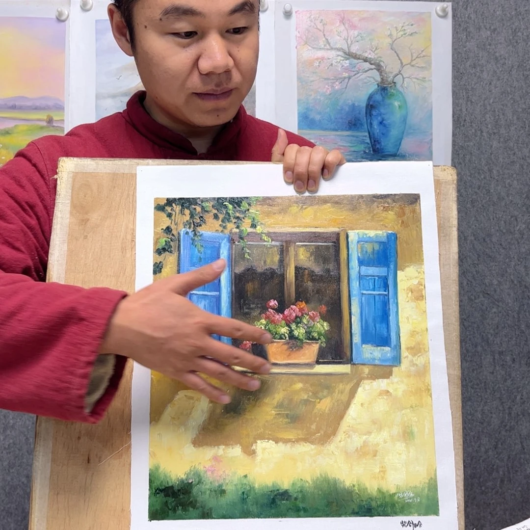 油画行路人小院绘画作品