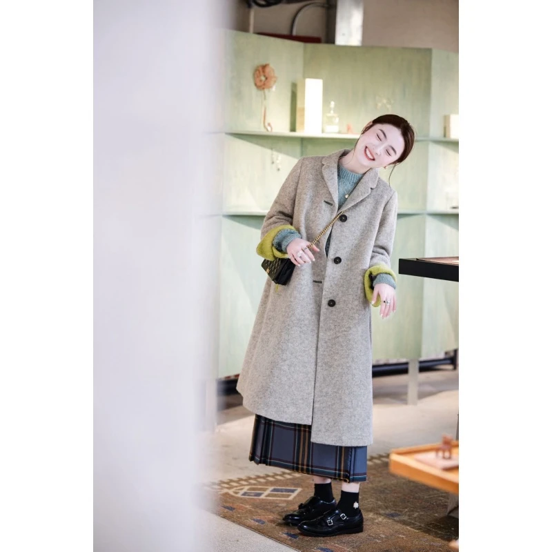 韩系复古高级感宽松灰色中长毛呢外套圆领内搭毛衣格纹百褶半身裙