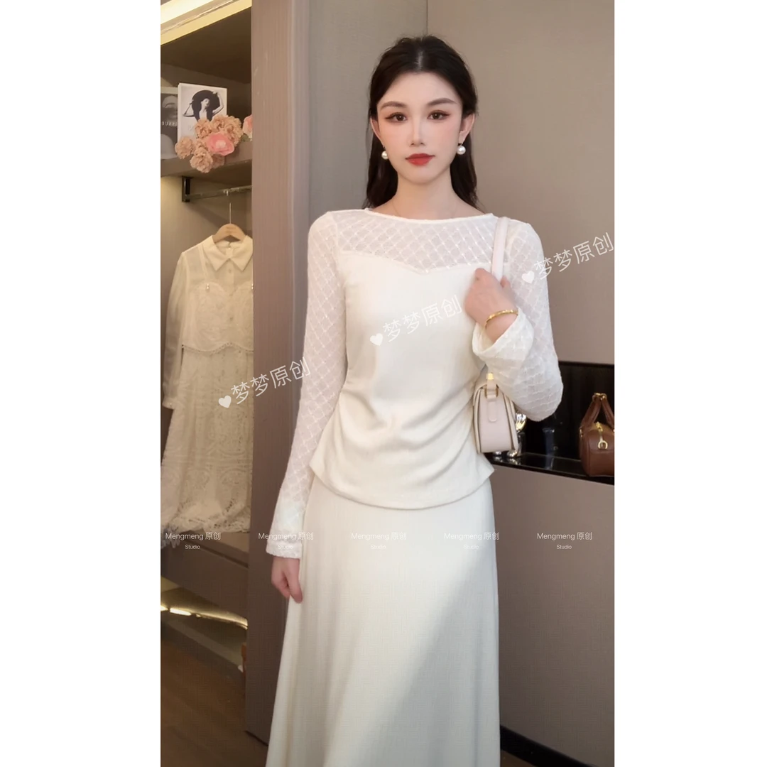 【梦梦&GERTC】纤云弄影 秋季蕾丝长袖针织法式时尚套装 GC253A3046