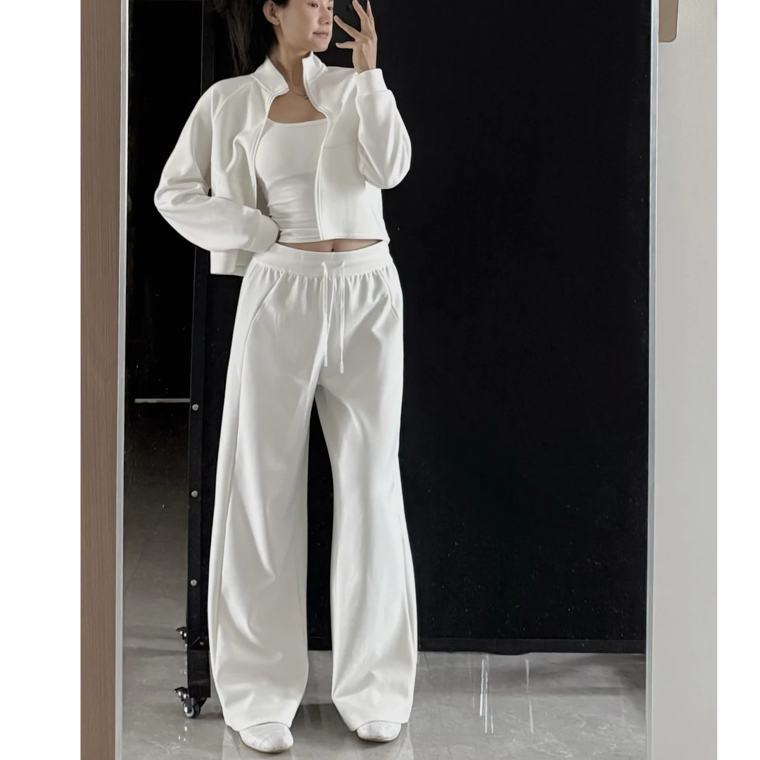 DAYOFF-抽绳直筒运动裤空气棉层高腰宽松阔腿显瘦健身运动长裤