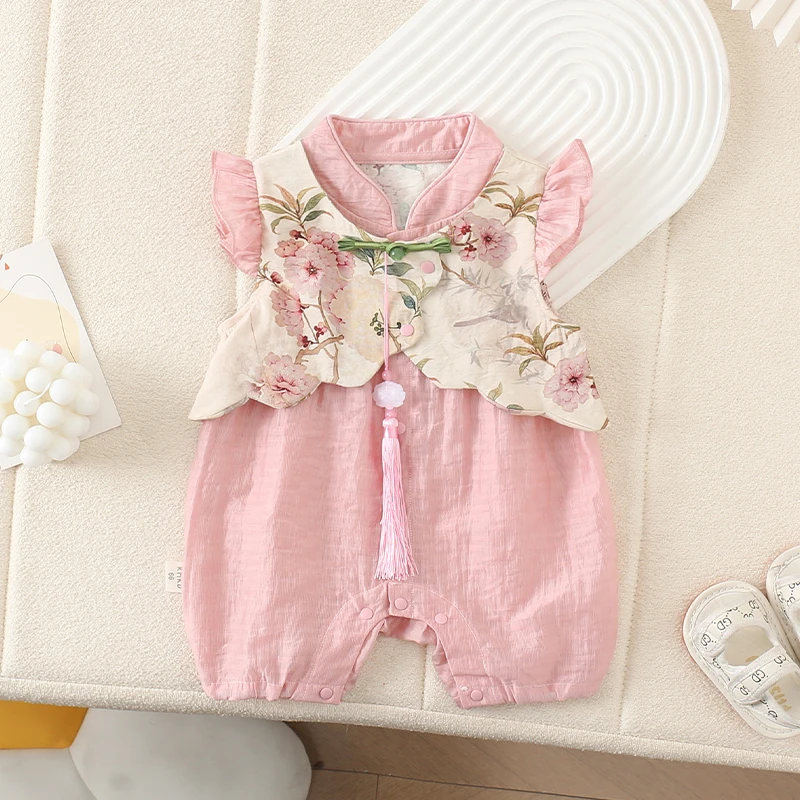 国风女宝宝满月连体衣夏装新中式假两件旗袍风汉服百天婴儿抓周服