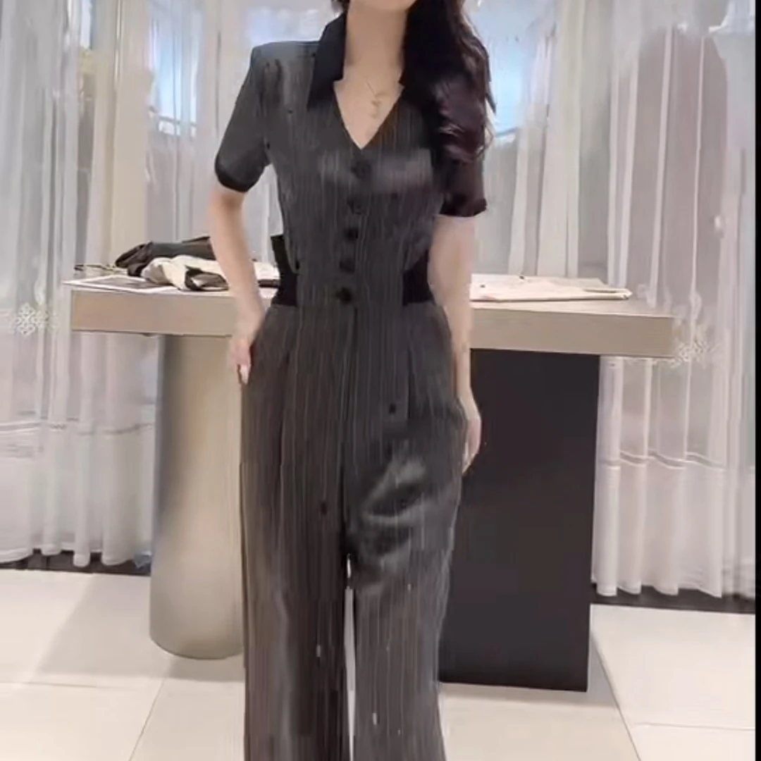 9003-A-7-1-2 夏装新品炸街网红爆款高级感气质V领条纹连体连衣裤