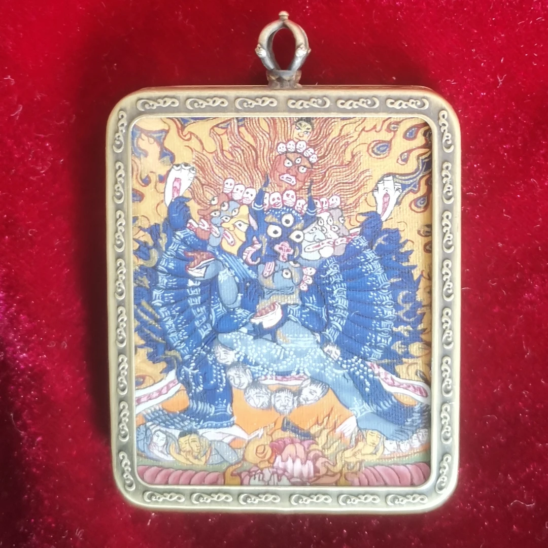 大威德金刚西藏矿料手绘小唐卡4X5cm画芯 铜壳钛钢壳任选