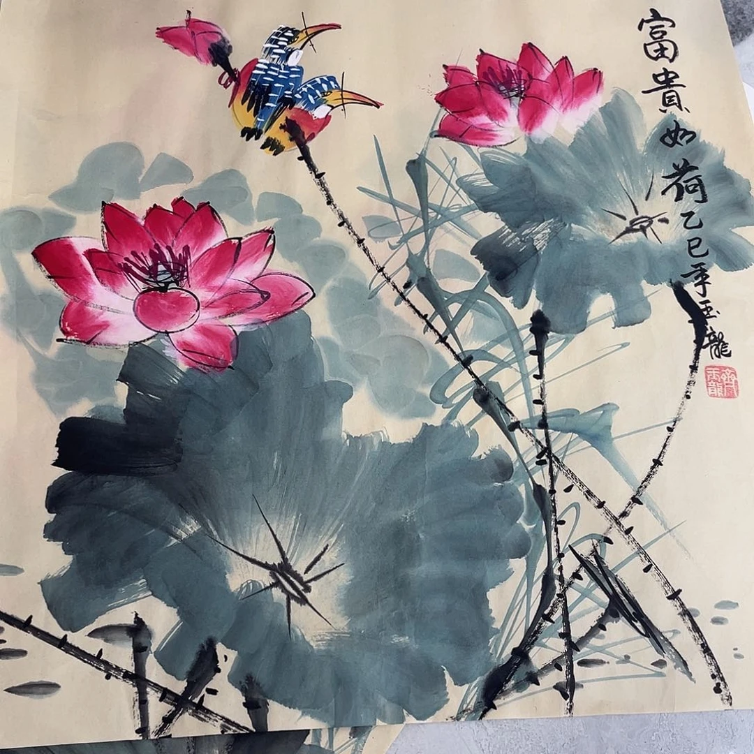 国画国画作品书法作品原稿荷花鸟