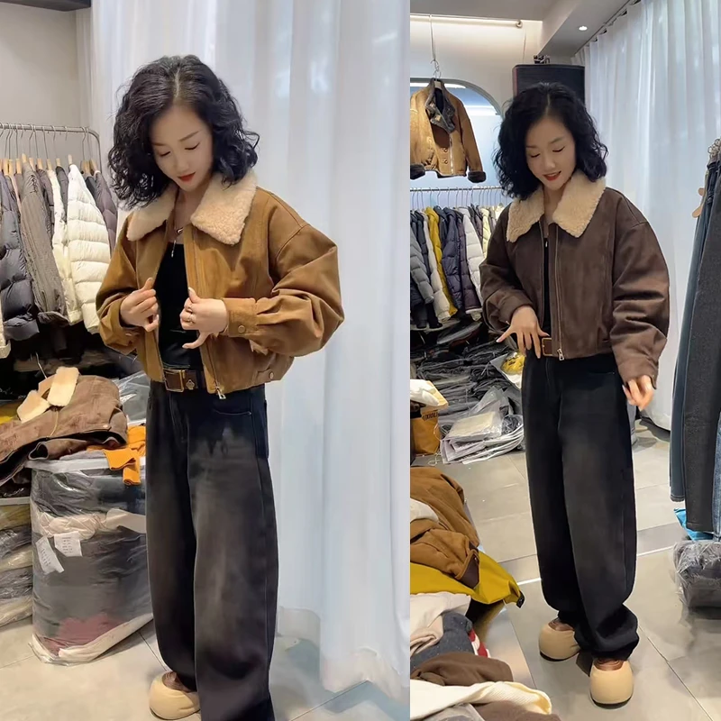 今年流行秋冬穿搭2025年新款气质翻领短款外套高腰牛仔裤两件套