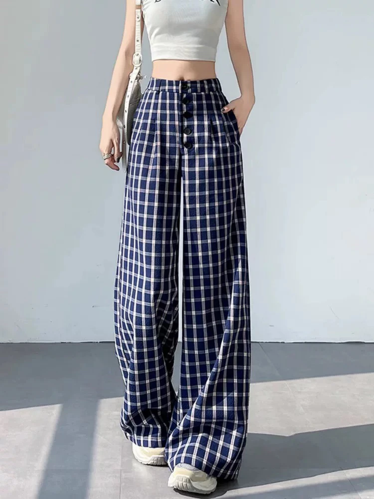 2025夏季新款大码微胖赵露思同款百搭格子阔腿裤休闲蓝色慵懒风