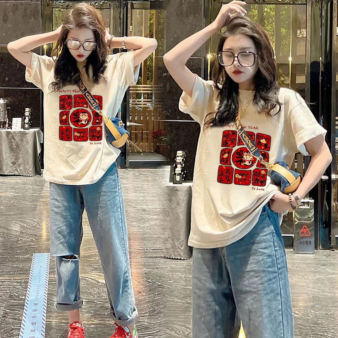 100%纯棉短袖t恤女夏季2025新款韩版oversize宽松印花体恤上衣潮