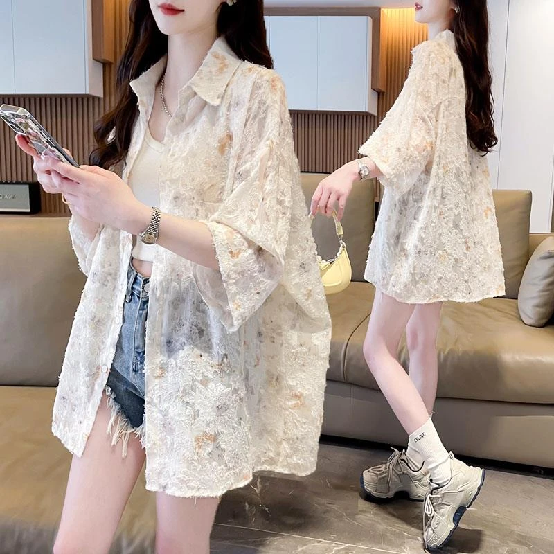 大码胖mm轻薄款短袖防晒衬衫女夏季新款韩版宽松百搭外穿衬衣外套