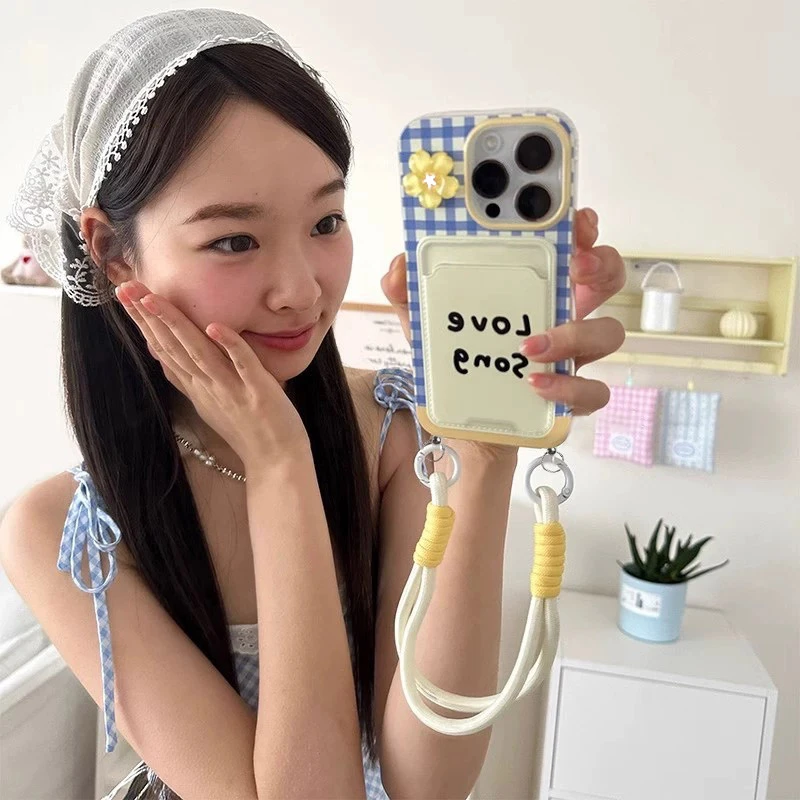 少女蓝白格纹小花卡包带挂绳适用苹果手机壳华为vivo小米oppo软