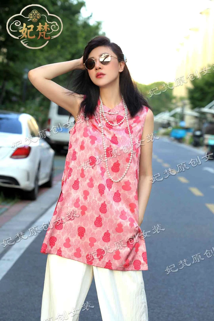 【粉福禄】葫芦提花碎花无袖中长款上衣中国风圆领夏季薄款