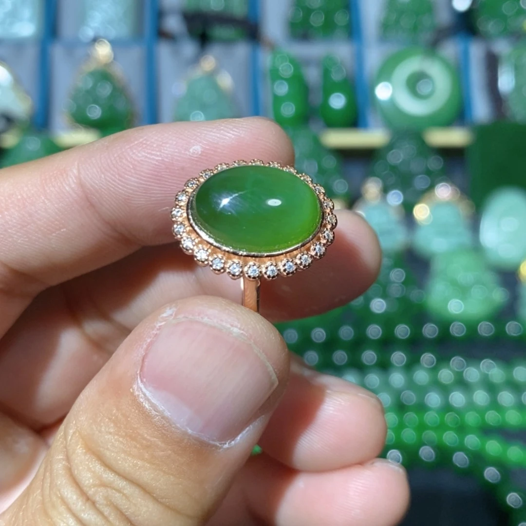 【闪购商品】和田玉吊坠(不含链)银S925镶嵌粉绿猫眼蛋面戒指 14/10