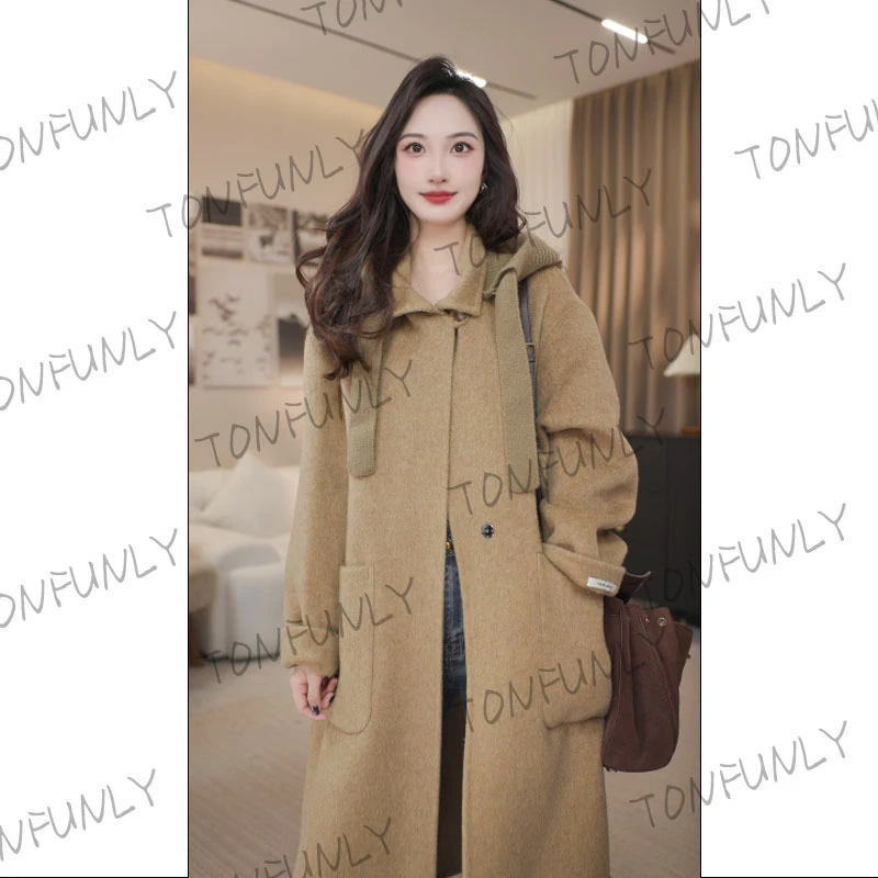 [TONFUNLY]长款可拆卸连帽款冬季毛呢外套保暖轻奢女羊毛大衣