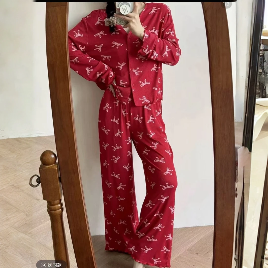 【秋季红色蝴蝶结印花长袖长裤】设计师爆款喜庆家居服睡衣