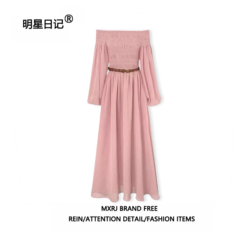 赵露思同款粉色一字肩连衣裙女夏法式海边度假收显瘦腰雪纺长裙子