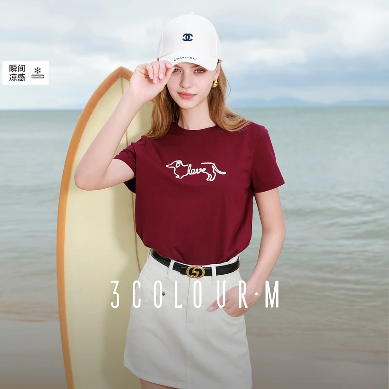 三彩2025夏季新款遮热凉感T恤刺绣小狗圆领正肩短袖上衣休闲M