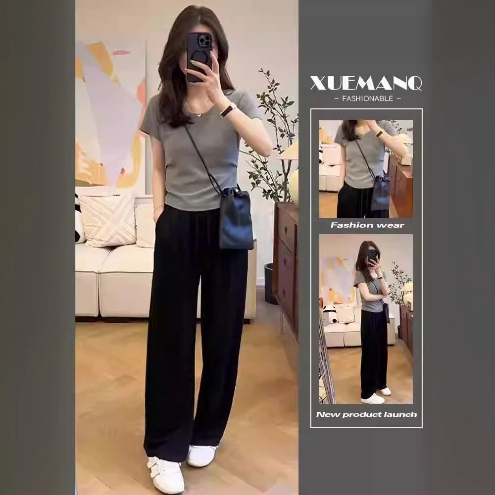 时尚套装女2025夏季新款百搭减龄显瘦短袖T恤女休闲阔腿裤两件套