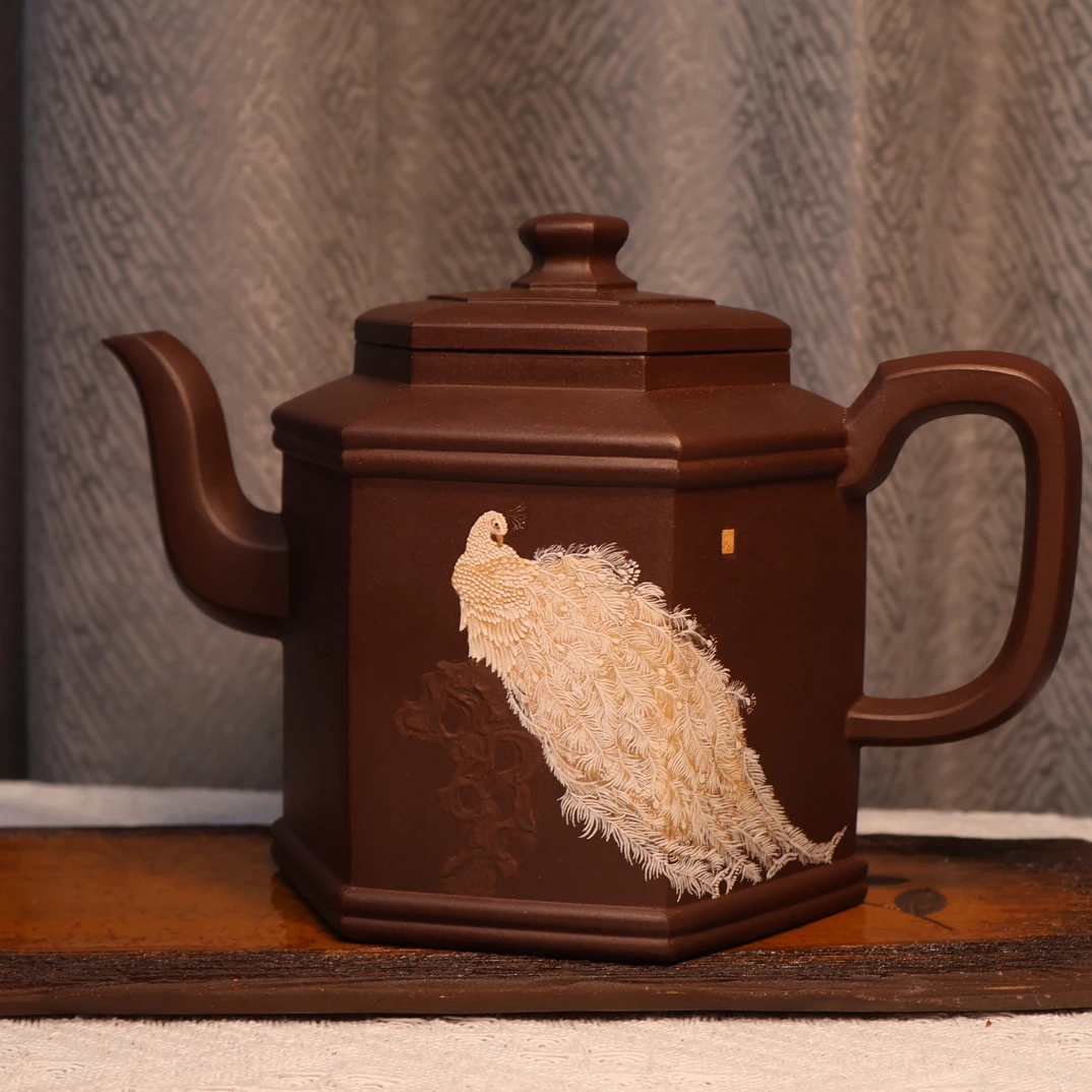 幽石栖翎 · 紫泥六方工笔泥绘壶