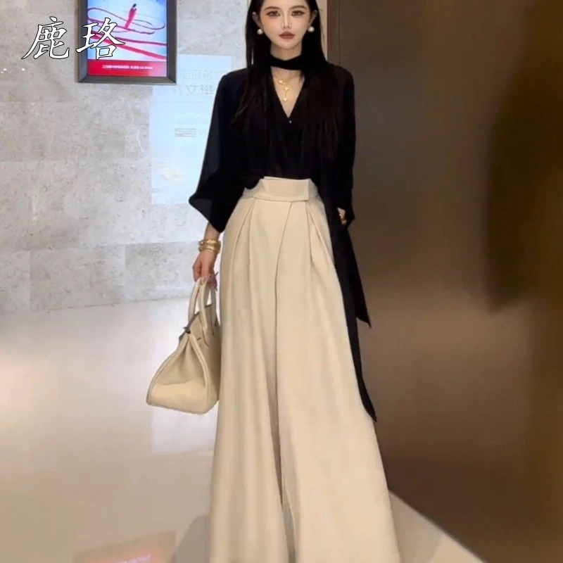 2025秋装搭配一整套法式高级感黑色上衣高腰阔腿裤气质两件套装女