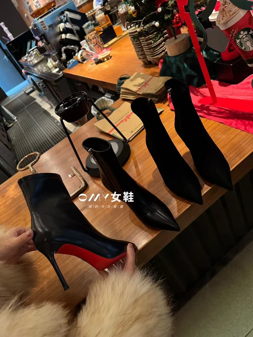 尖头加棉高级感御姐气质细跟瘦瘦短靴 95905